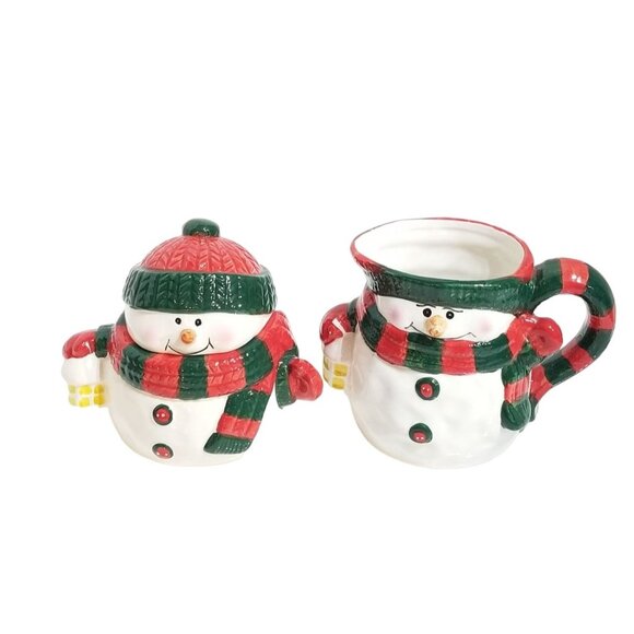 Ceramic Snowman Sugar and Creamer Set Red White Green Hand painted NIB - Picture 2 of 10